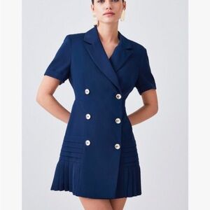 Karen Millen Navy Pleated Detailed Woven Mini Dress